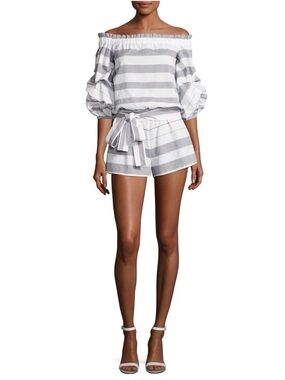 Alexis‎ North Romper Striped Off the Shoulder Puff Sleeve White Gray Size Small
